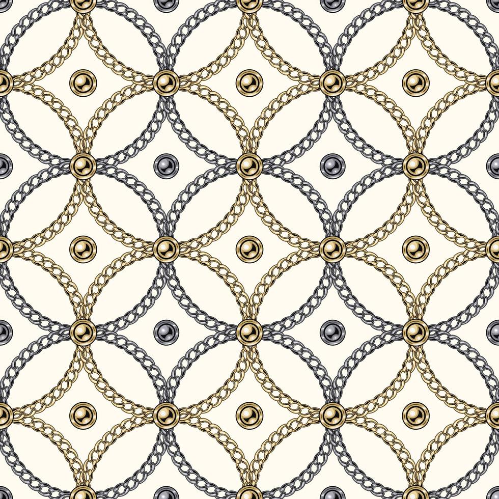 motif de chaîne géométrique sans couture avec perles de boule d'or, cercles complexes qui se chevauchent sur fond blanc. chaînes en acier inoxydable et or. vecteur