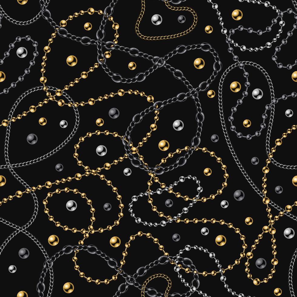 modèle sans couture avec des chaînes en métal brillant et des perles en désordre sur fond noir. couleurs acier doré, argent, noir. illustration vectorielle pour impression, tissu, textile. vecteur