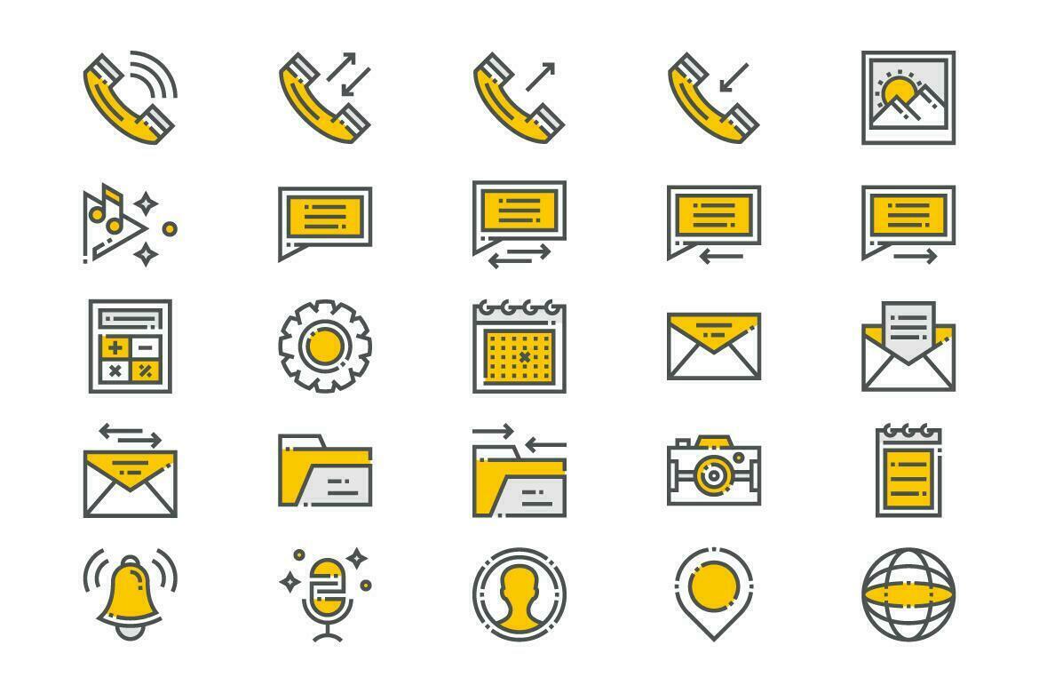 icônes d'applications essentielles mobiles jaunes vecteur