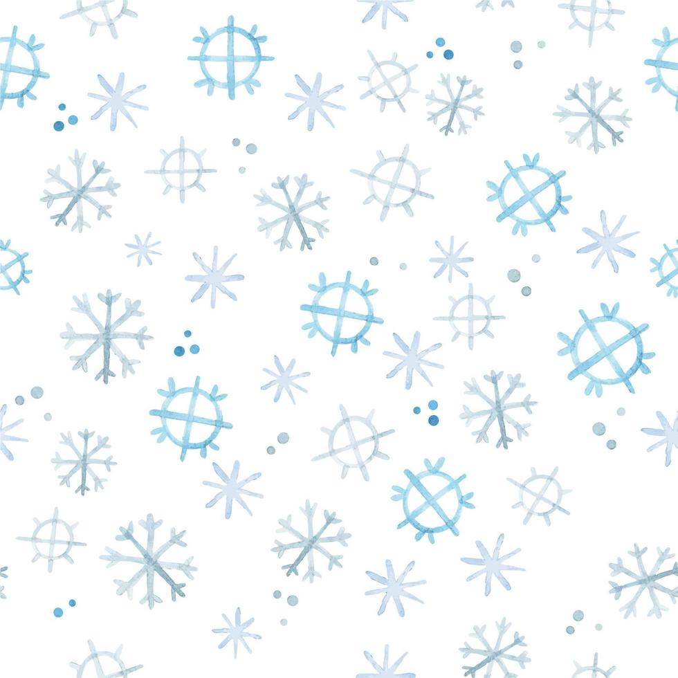 modèle sans couture aquarelle avec des flocons de neige. flocons de neige bleus mignons dessinés dans le style de dessin animé, chutes de neige. symbole du nouvel an, noël, vacances d'hiver vecteur