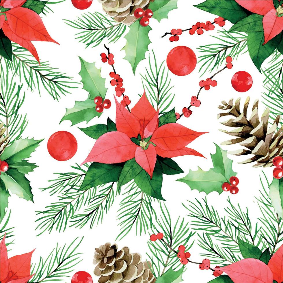 modèle sans couture aquarelle sur le thème de noël, nouvel an. impression vintage avec branches de sapin, poinsettia, pommes de pin sur fond blanc vecteur