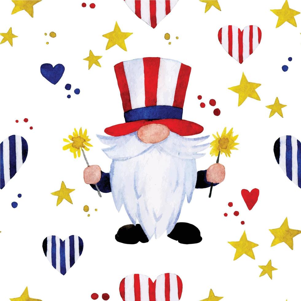 modèle sans couture aquarelle pour le jour de l'indépendance américaine. 4 juillet, arrière-plan festif avec ballons, feux d'artifice, drapeaux, gnomes vecteur