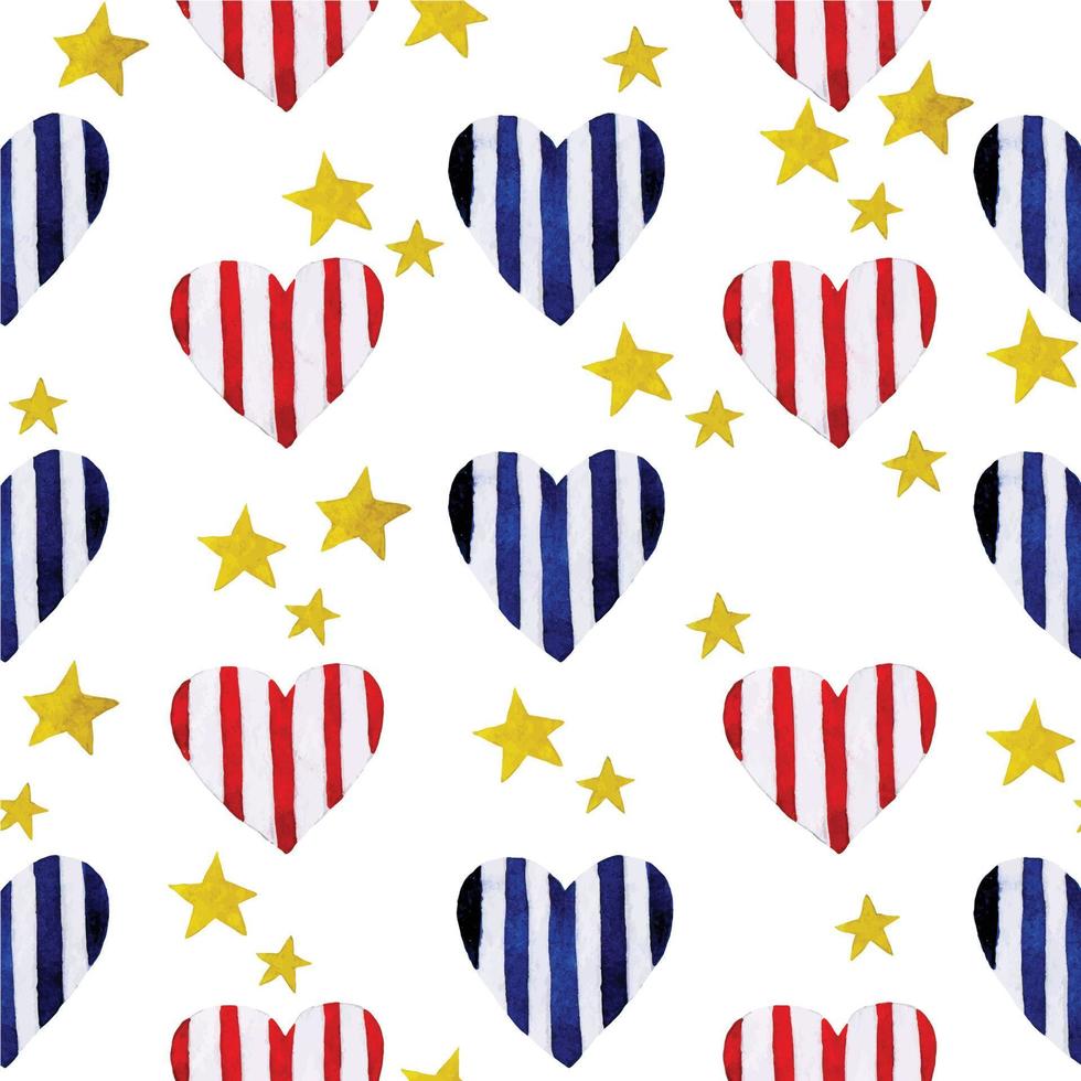 modèle sans couture aquarelle pour le jour de l'indépendance américaine. 4 juillet, fête de l'indépendance des États-Unis. joli imprimé avec des coeurs et des étoiles, couleurs du drapeau. vecteur