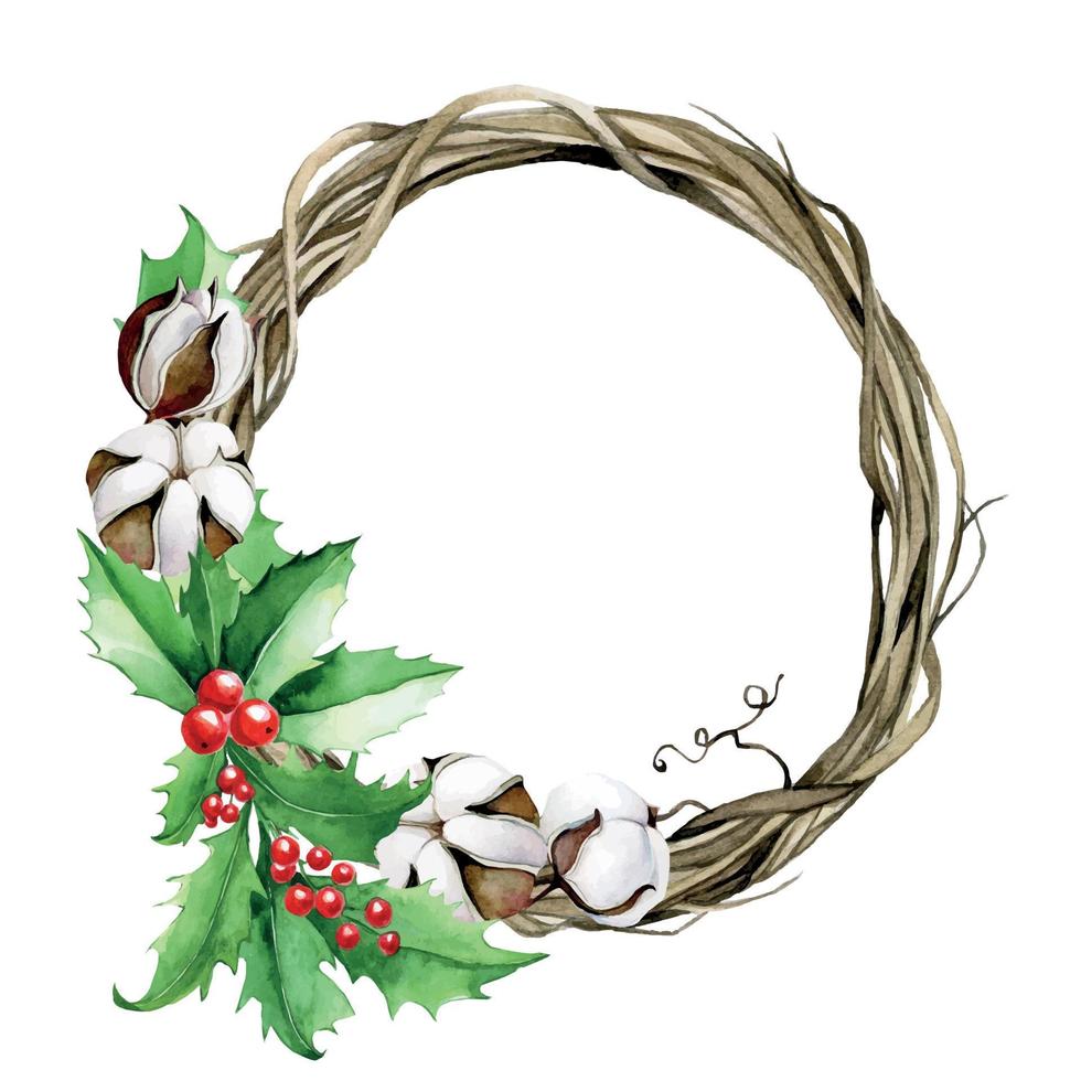 clipart aquarelle, illustration. guirlande de noël de brindilles, d'eucalyptus, de coton et de houx. jolie couronne festive pour le nouvel an, noël. décoration pour cartes postales et décor de détail vecteur