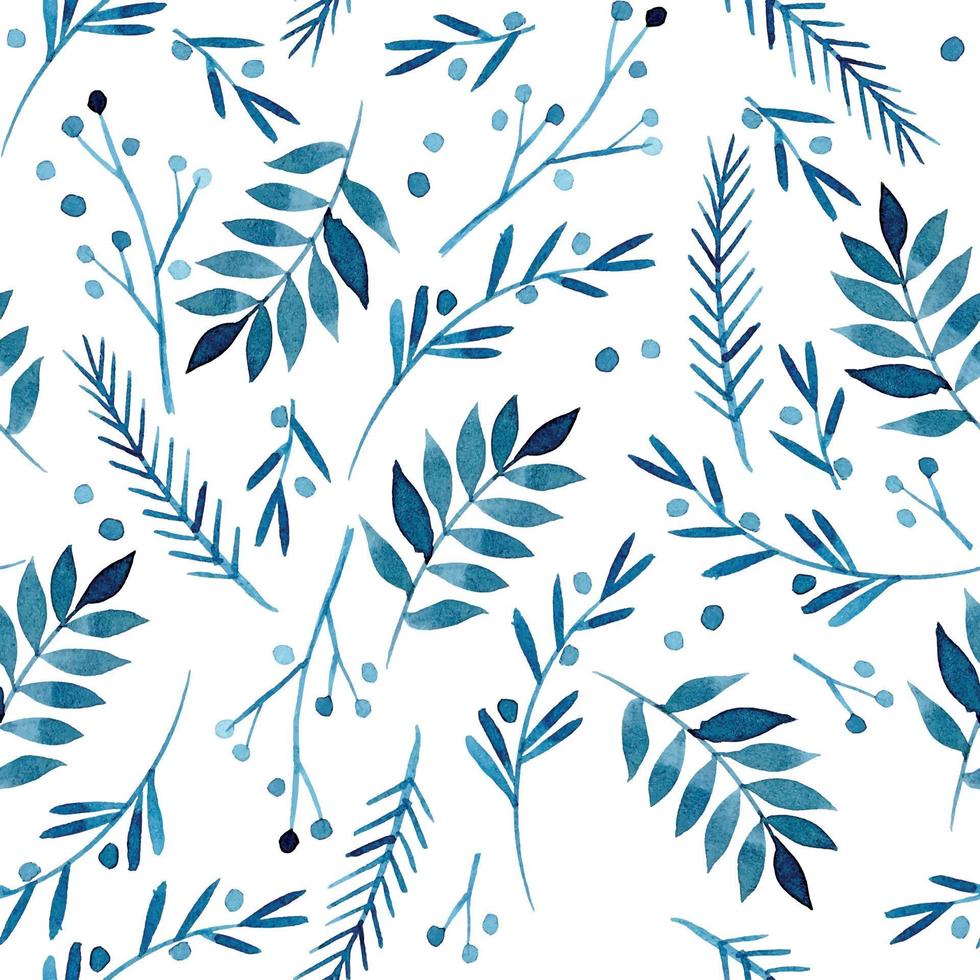 modèle sans couture aquarelle avec des motifs d'hiver. branches et feuilles bleues. impression simple pour noël, nouvel an. vecteur