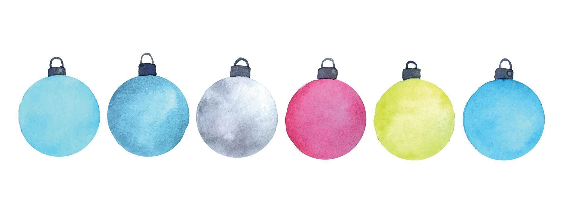 aquarelle sertie de boules de noël abstraites. jouets de sapin de noël de couleurs vives. impression de nouvel an noël simple isolé sur fond blanc vecteur