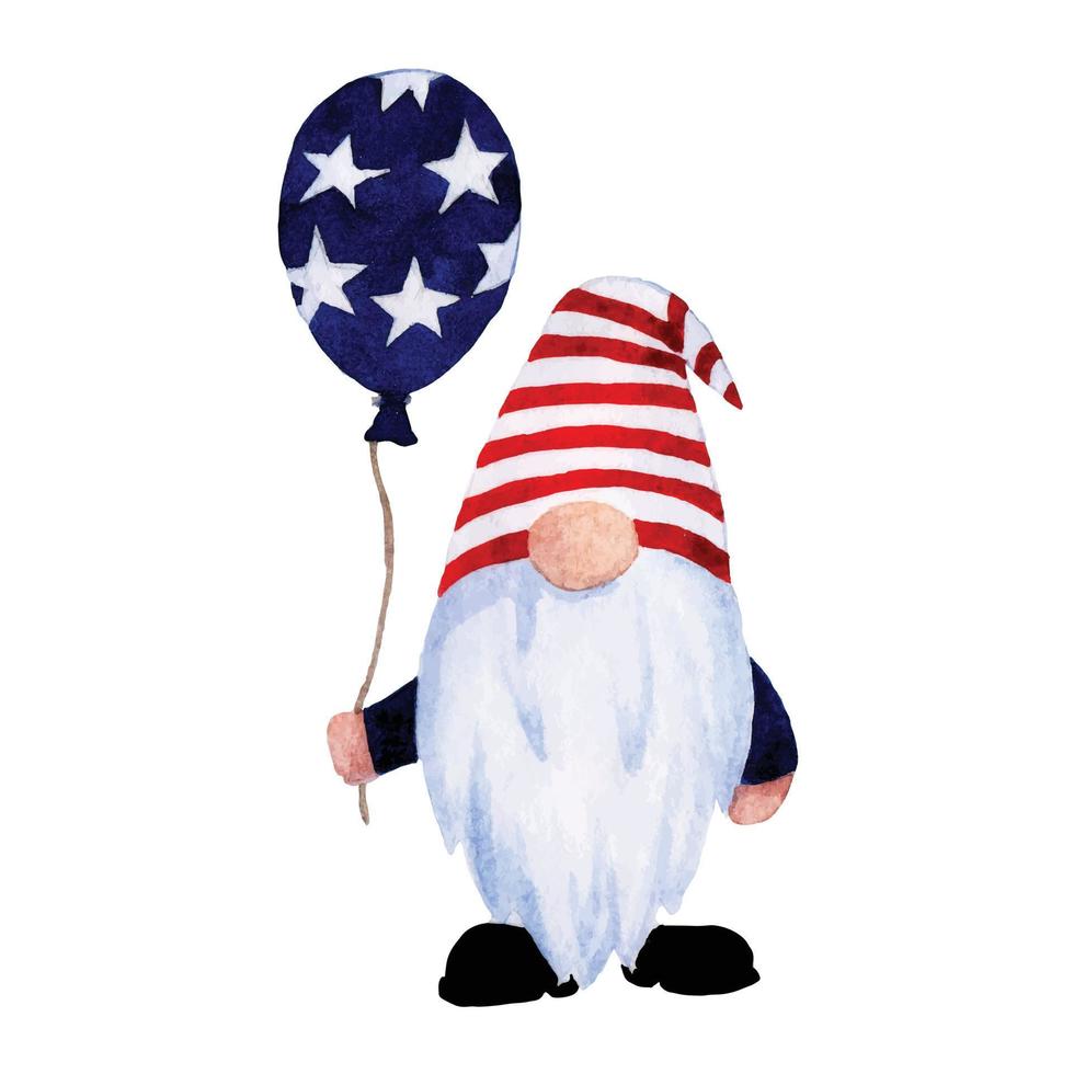 dessin à l'aquarelle pour la fête de l'indépendance de l'amérique, états-unis. personnage de lutin mignon dans les couleurs du drapeau rouge et bleu vêtements 4 juillet vacances. vecteur