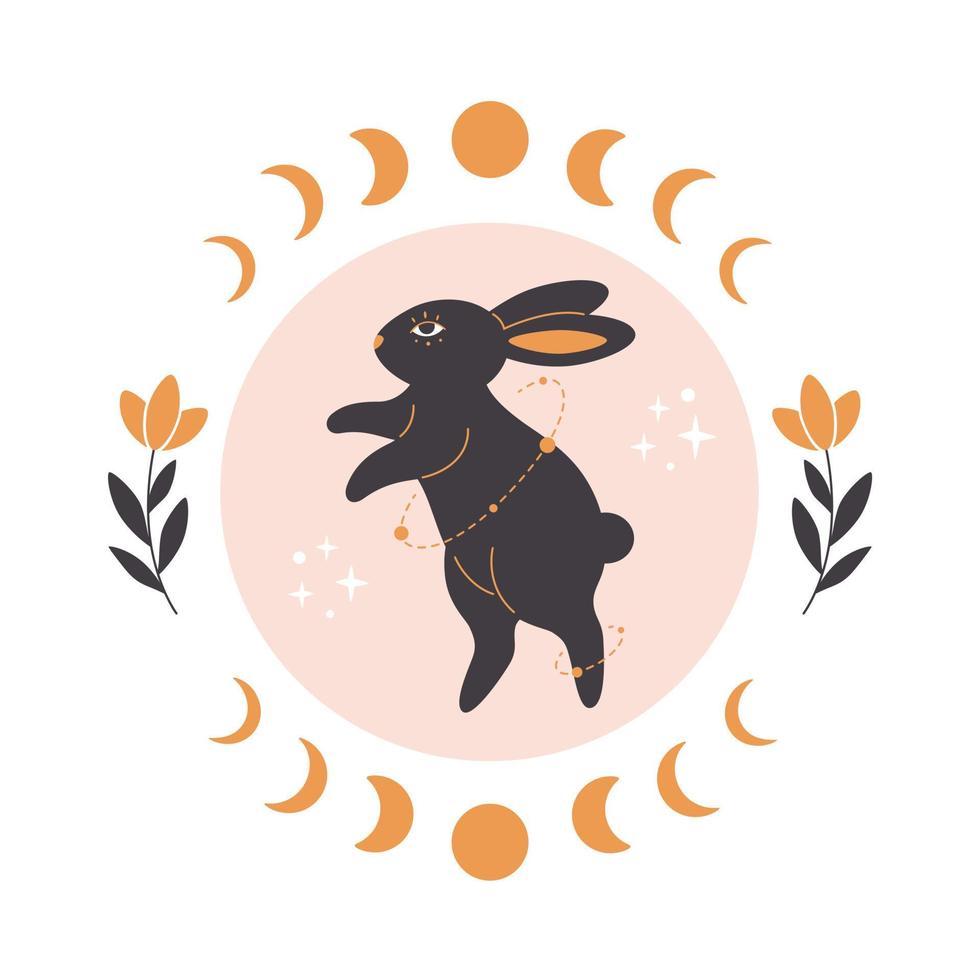 lapin mignon avec des éléments d'astrologie, de botanique et d'ésotérisme. année du lapin 2023. vecteur