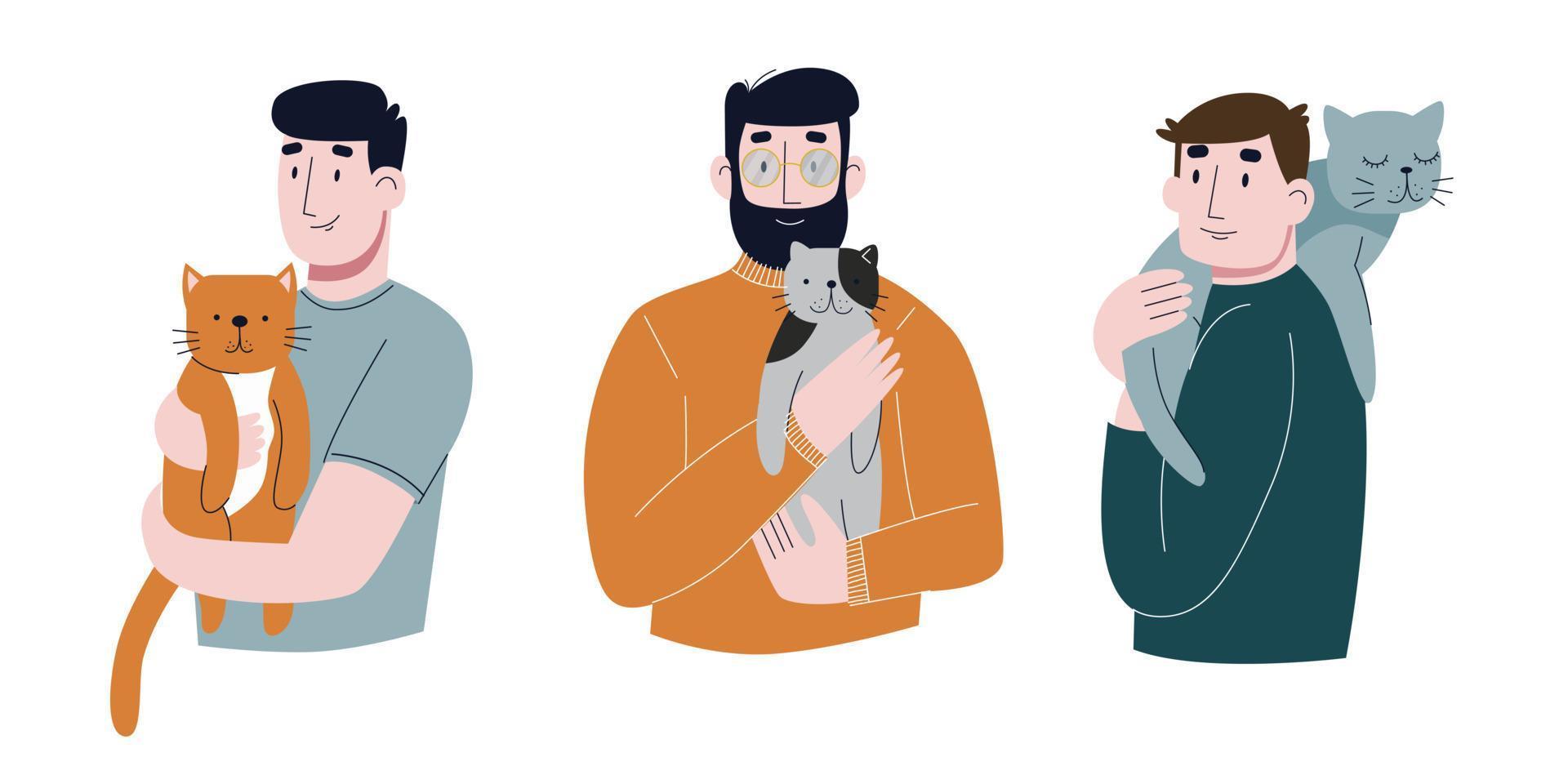 hommes et leurs chats isolés sur fond blanc. ensemble de portraits d'adorables propriétaires d'animaux et de mignons chats domestiques. illustration vectorielle plane. vecteur