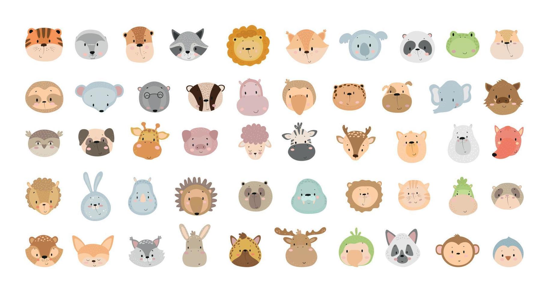 collection de visages d'animaux de dessin animé vecteur