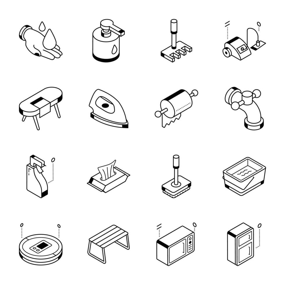 icônes isométriques de ligne de nettoyage domestique vecteur