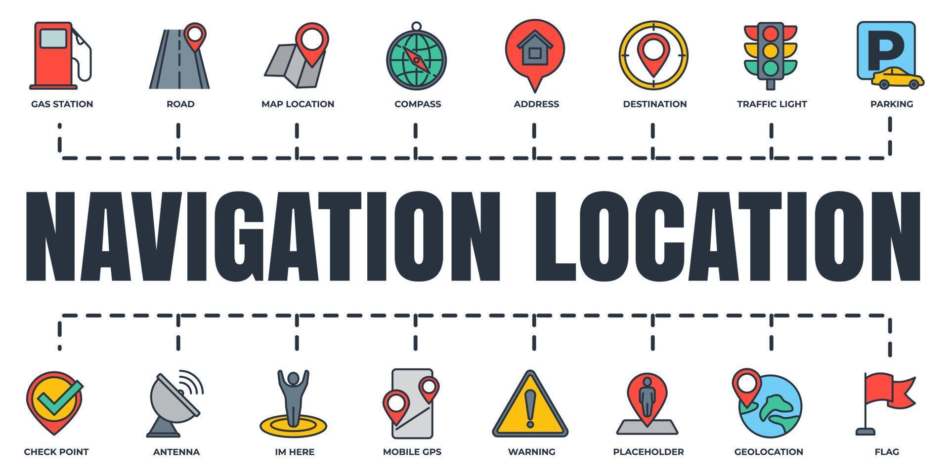 navigation, jeu d'icônes Web de bannière de localisation. adresse, drapeau, feu de signalisation, parking, destination et plus de concept d'illustration vectorielle. vecteur