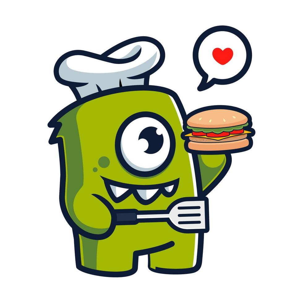 dessin animé drôle et mignon de monstre en tant que chef cuisinant un burger au fromage vecteur