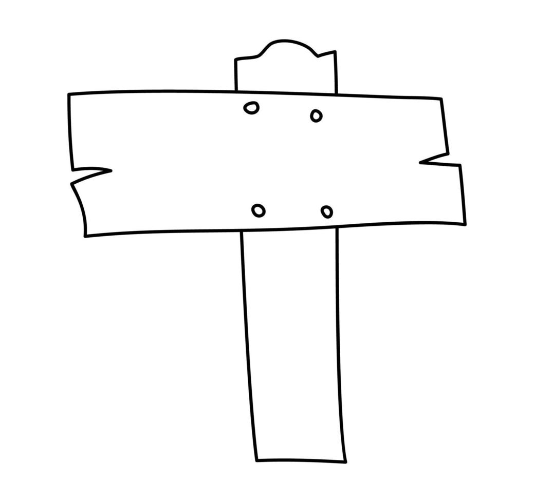 panneau de signalisation dessiné à la main de vecteur en bois. élément monoline avec place pour le texte. illustration bois enseignes planche route style doodle