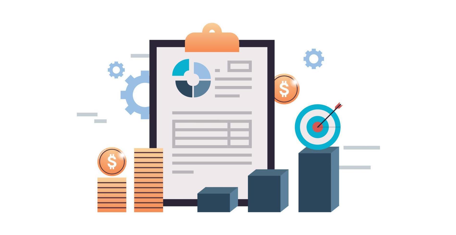 le système de gestion des données avec le concept d'analyse commerciale et les indicateurs de performance clés fournissent des informations pour l'analyse marketing sur l'illustration vectorielle plane de l'ordinateur virtuel. vecteur