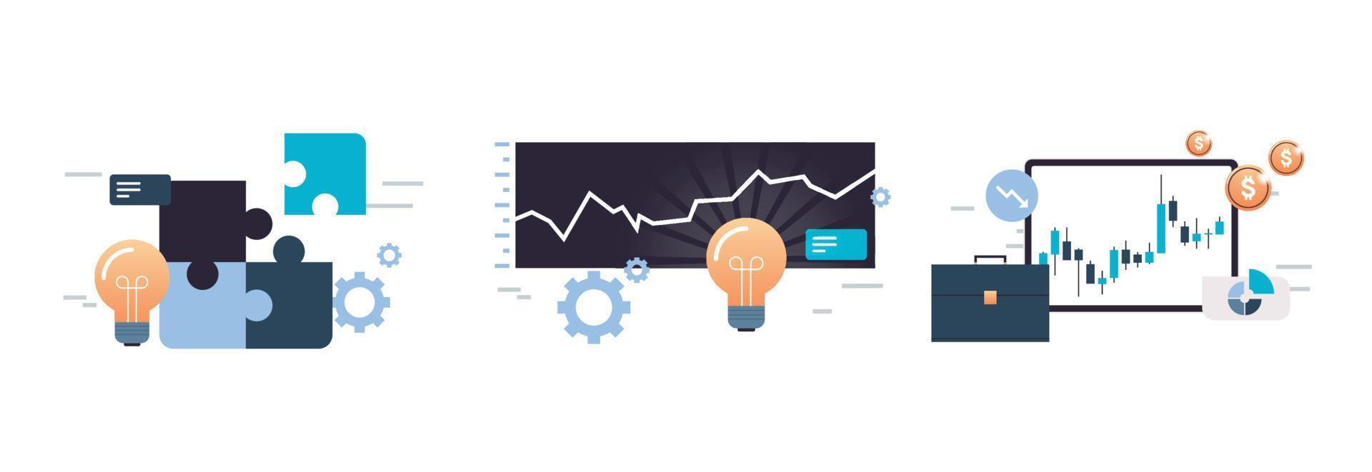 métaphores de résolution de problèmes et travail d'équipe efficace, planification d'entreprise stratégique et tablette numérique analysant l'illustration vectorielle plane du concept de données de vente. vecteur