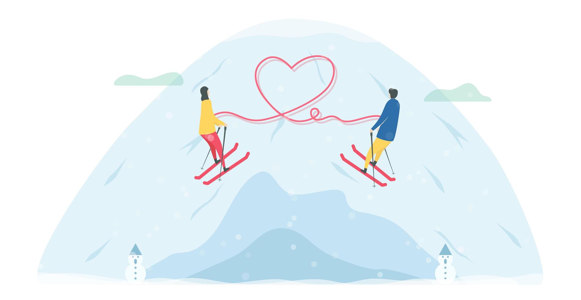 couple de ski romantique attaché par coeur vecteur