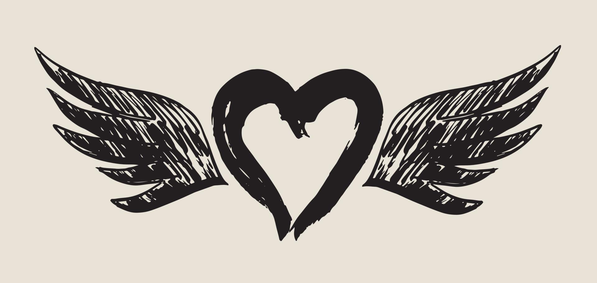 coeur avec des ailes d'ange, dessinés à la main. vecteur