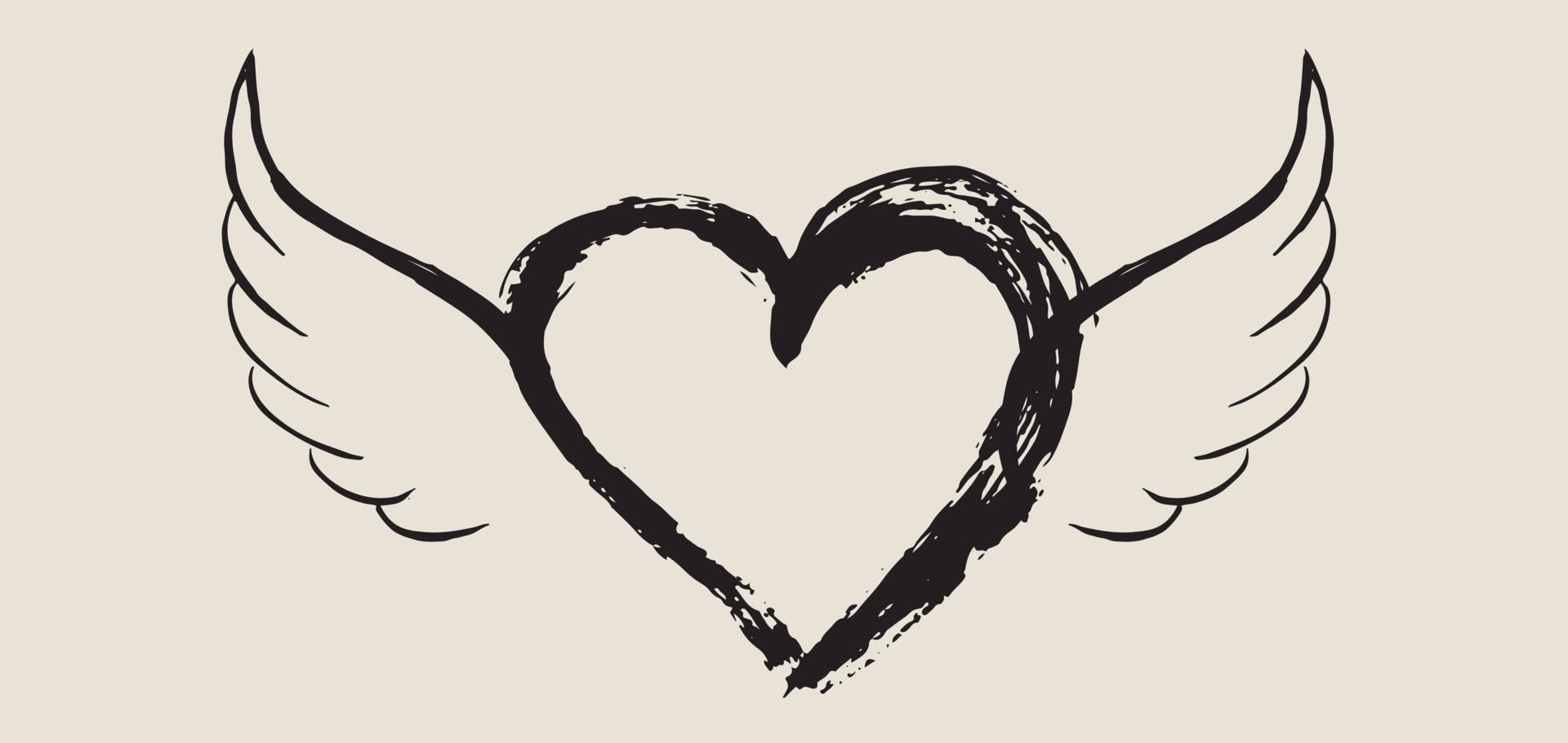 coeur avec des ailes d'ange, dessinés à la main. vecteur