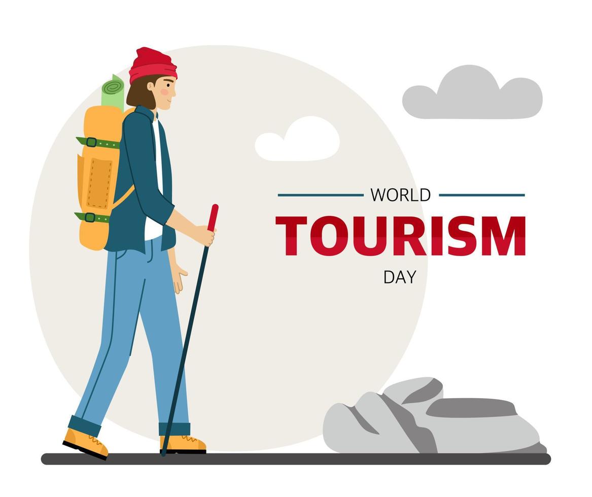 bannière de la journée mondiale du tourisme pour les vacances. un voyageur masculin est engagé dans la randonnée pédestre avec un sac à dos un touriste dans les montagnes illustration vectorielle vecteur