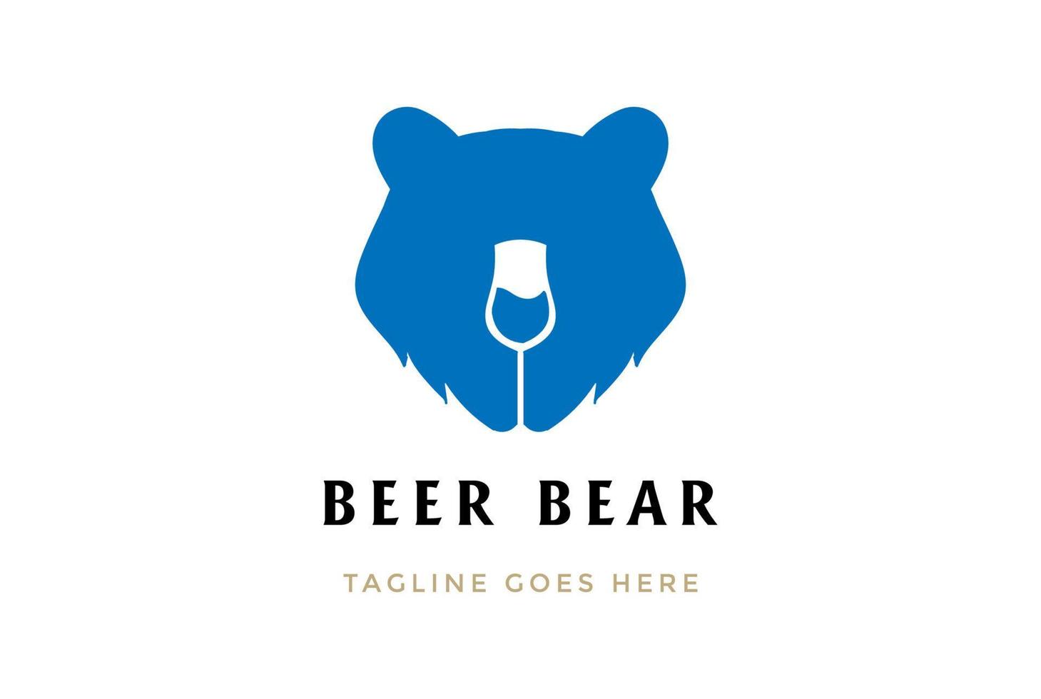 tête d'ours bleu visage silhouette avec bière vin liqueur verre pour bar saloon taverne brasserie logo design vecteur