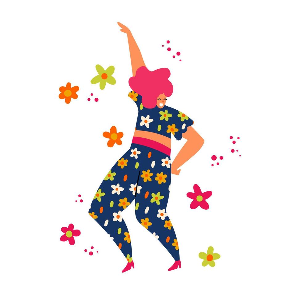 une danseuse joyeuse avec des fleurs. illustration vectorielle colorée. fille heureuse dans un style branché vecteur