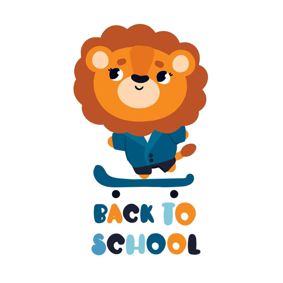 un lion en uniforme scolaire monte une planche à roulettes à l'école vecteur
