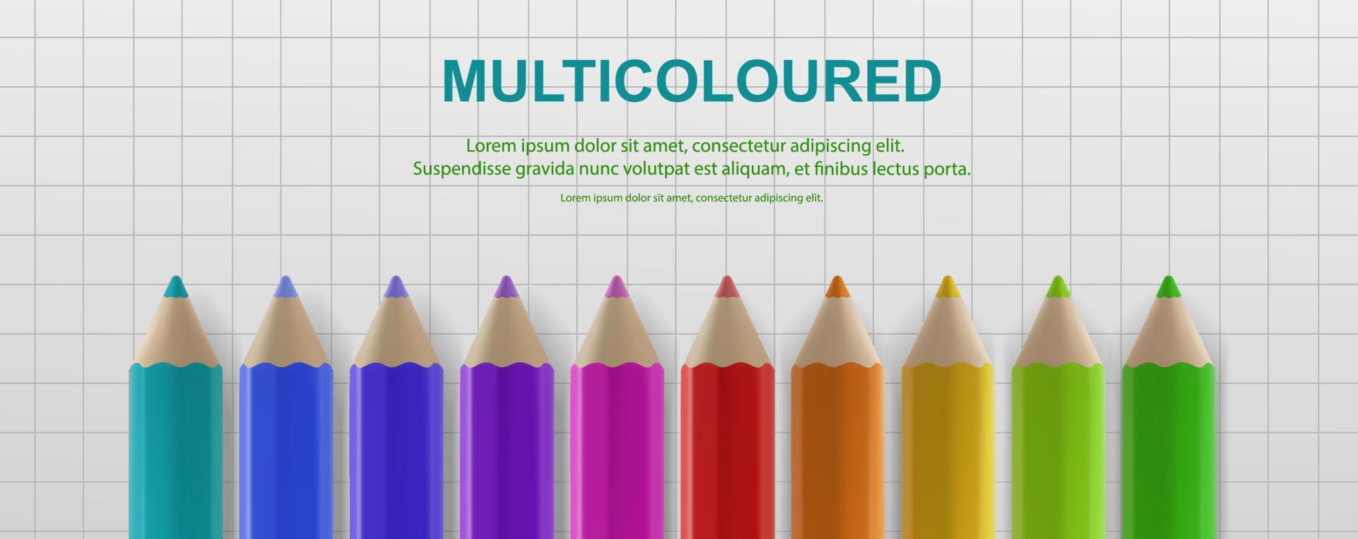 un ensemble de crayons de couleur sur le fond d'une feuille de cahier. illustration vectorielle réaliste vecteur