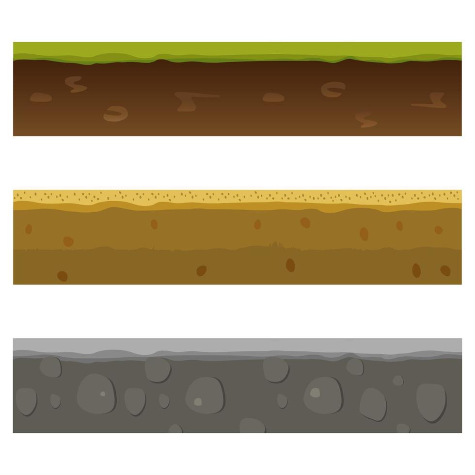 couches de sol, de sol et souterraines, niveaux de jeu sans couture de dessin animé. vue en coupe vectorielle de la texture de la terre naturelle avec de la boue, des cailloux. vecteur
