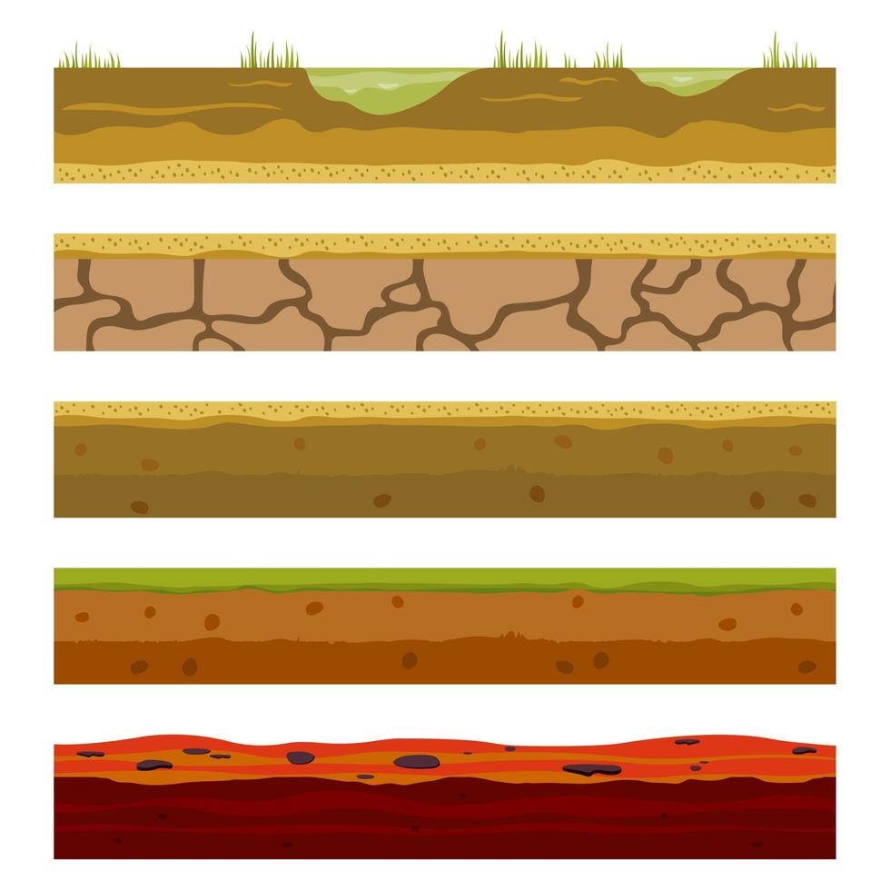 couches de sol, de terre et souterraines, niveaux de jeu sans couture de dessin animé. vue en coupe vectorielle de la texture naturelle de la terre avec de la boue, des cailloux, de l'herbe verte et de l'eau vecteur