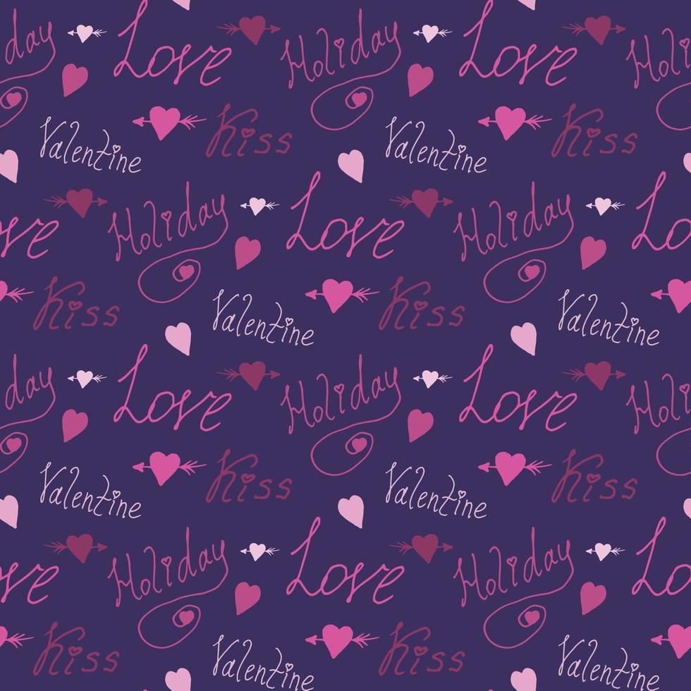 modèle sans couture avec les mots amour, baiser, vacances, valentine et coeurs sur fond violet pour tissu, textile, vêtements, nappe et autres choses. image vectorielle. vecteur