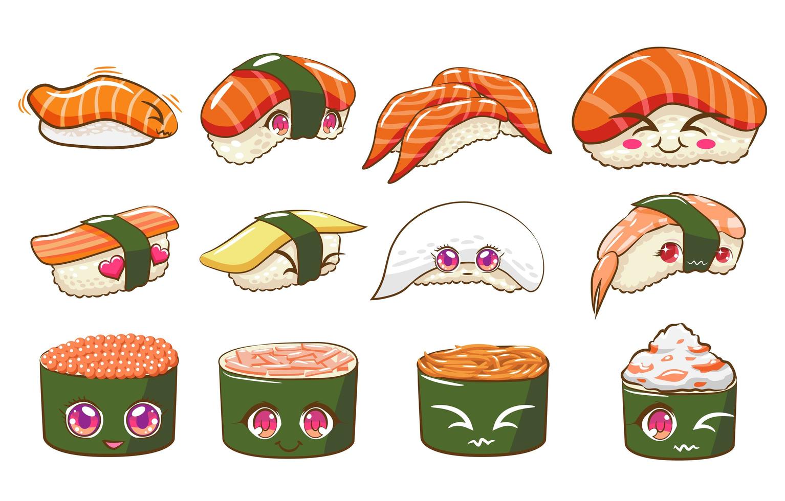 ensemble de sushi de style kawaii vecteur