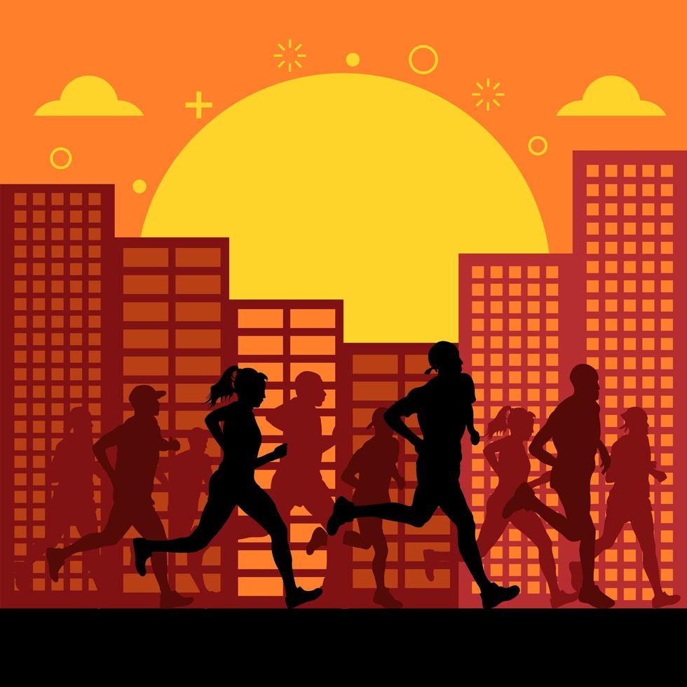 silhouettes de personnes exécutant le marathon de la ville vecteur