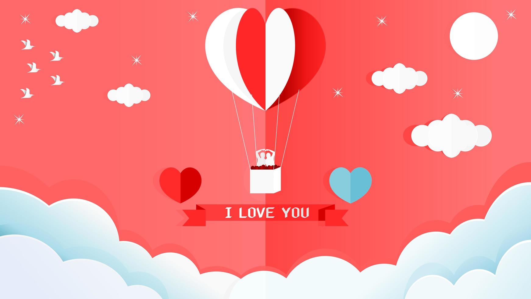 papier 3d valentine avec coeur ballon à air chaud avec homme et femme vecteur