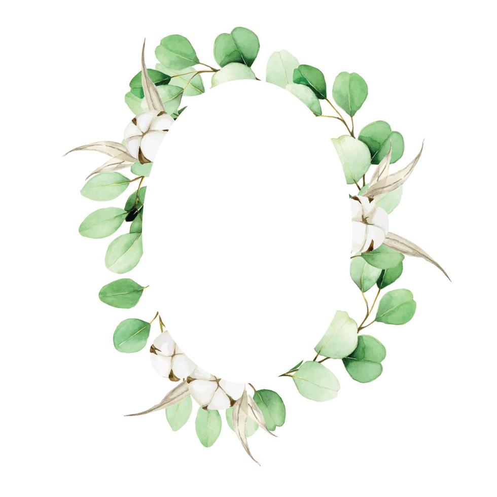 cadre ovale aquarelle avec feuilles d'eucalyptus et fleurs de coton. décor d'automne d'eucalyptus vert et de feuilles de coton pour mariage, cartes, félicitations, invitations. clipart aquarelle sur blanc vecteur