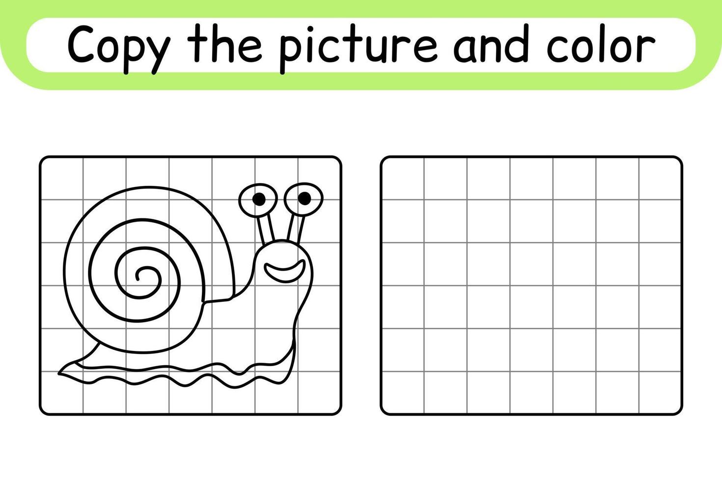 copiez l'image et l'escargot de couleur. compléter le tableau. terminer l'image. livre de coloriage. jeu d'exercices de dessin éducatif pour les enfants vecteur