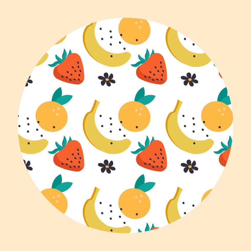 motif répété de fruits sur un cercle blanc. modèle sans couture de fruits tropicaux colorés. conception de mélange de fruits brillants pour le tissu et la décoration. illustration vectorielle. vecteur