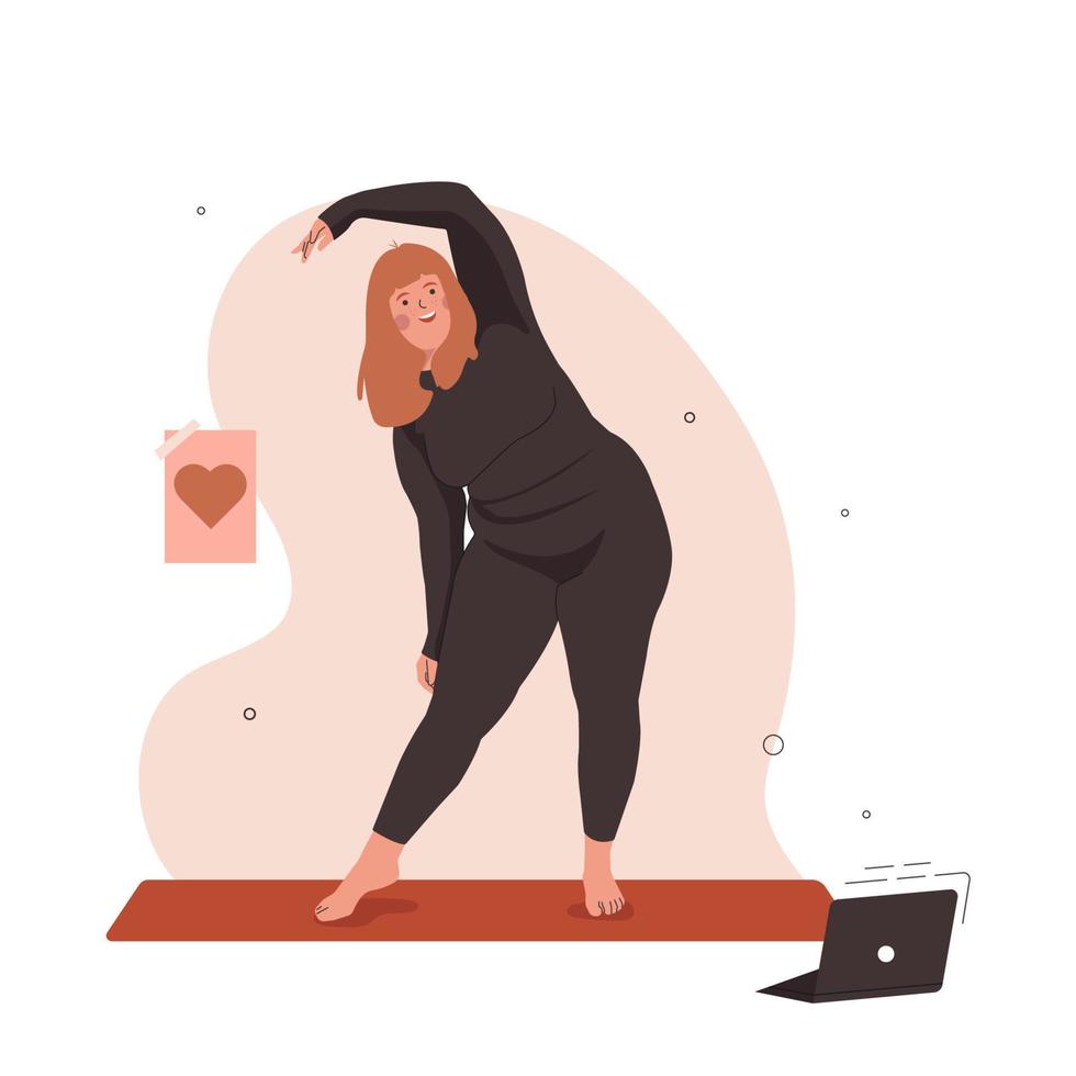femme de taille plus heureuse et mode de vie sain et actif. concept d'amour pour votre corps et yoga. illustration vectorielle plane. vecteur