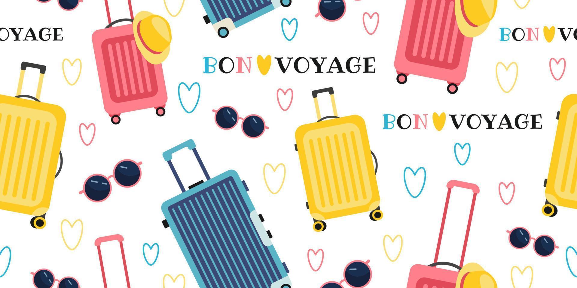 modèle sans couture avec valises et accessoires de voyage. inscription bon voyage, coeurs et lunettes de soleil. illustration vectorielle plane. vecteur