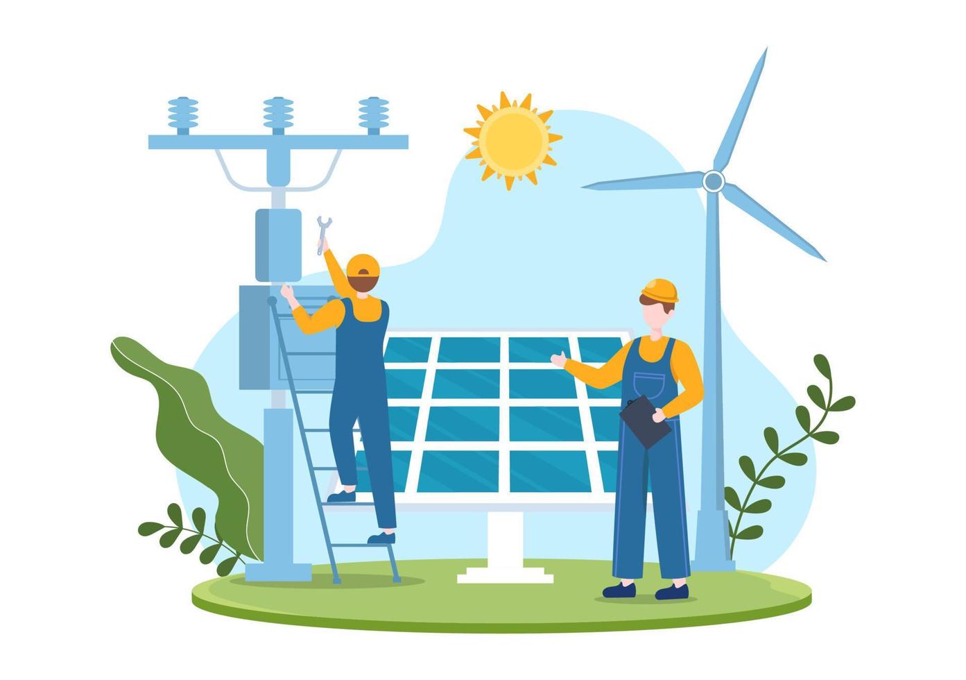 installation d'énergie solaire, entretien de panneaux ou d'éoliennes avec l'équipe de service à domicile pour l'exploitation du réseau électrique en illustration de dessin animé vecteur