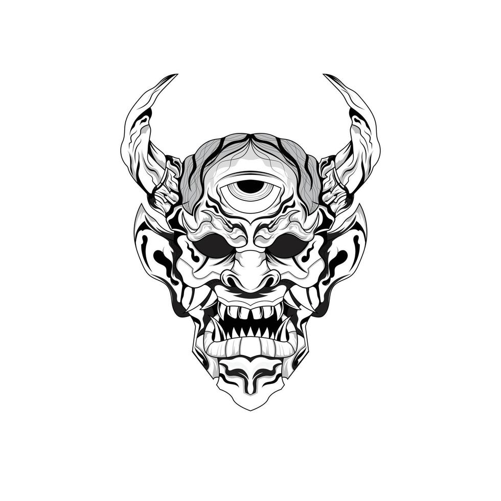 tatouages noirs et blancs dessinés à la main oeuvre diable satan masque oni démon corne illustration vectorielle vecteur