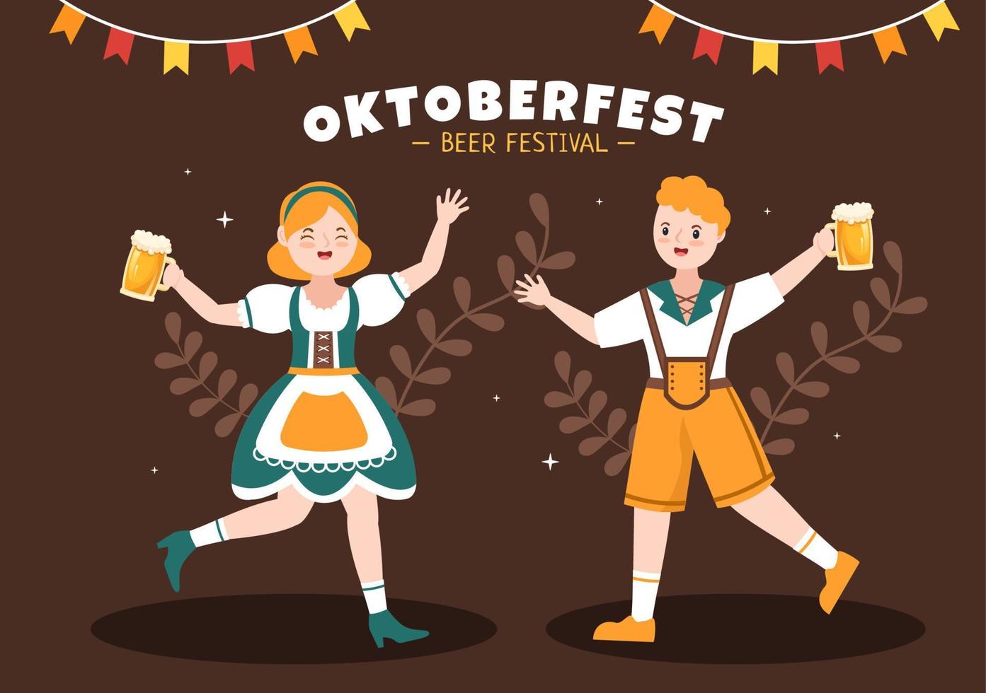 illustration de dessin animé du festival oktoberfest avec costume bavarois tenant un verre de bière tout en dansant en allemand traditionnel dans un style plat vecteur