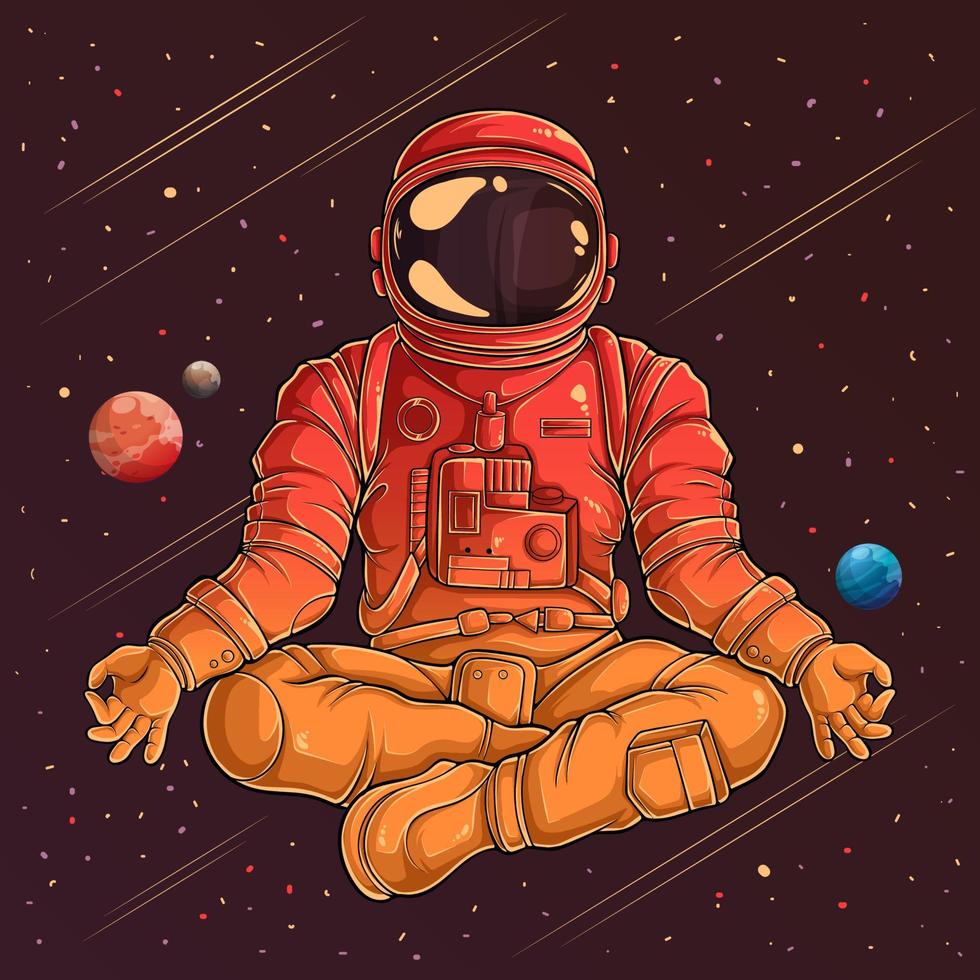 astronaute vintage dessiné à la main en combinaison spatiale faisant un geste de yoga, yoga de méditation astronaute dans l'espace vecteur