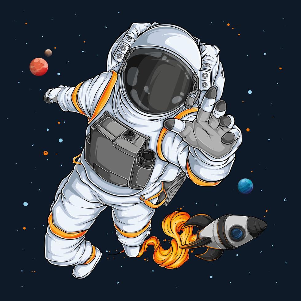 astronaute dessiné à la main en combinaison spatiale dans l'espace avec une fusée spatiale derrière, cosmonaute dans l'espace vecteur