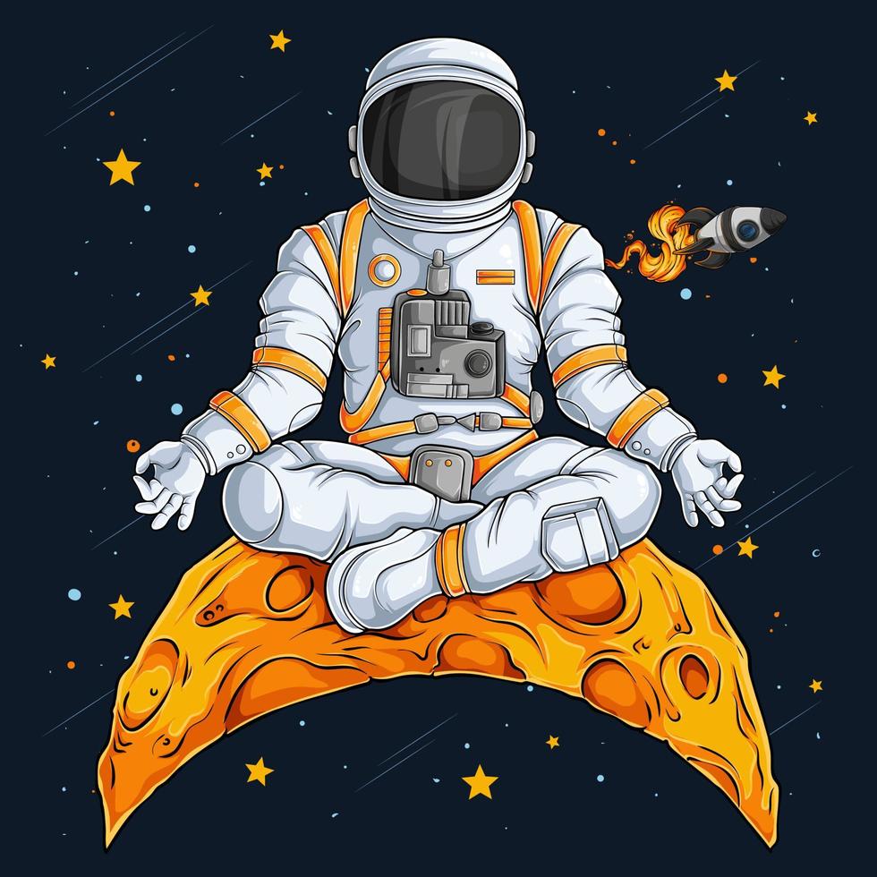 astronaute dessiné à la main en combinaison spatiale faisant un geste de yoga sur la lune, yoga de méditation astronaute dans l'espace vecteur