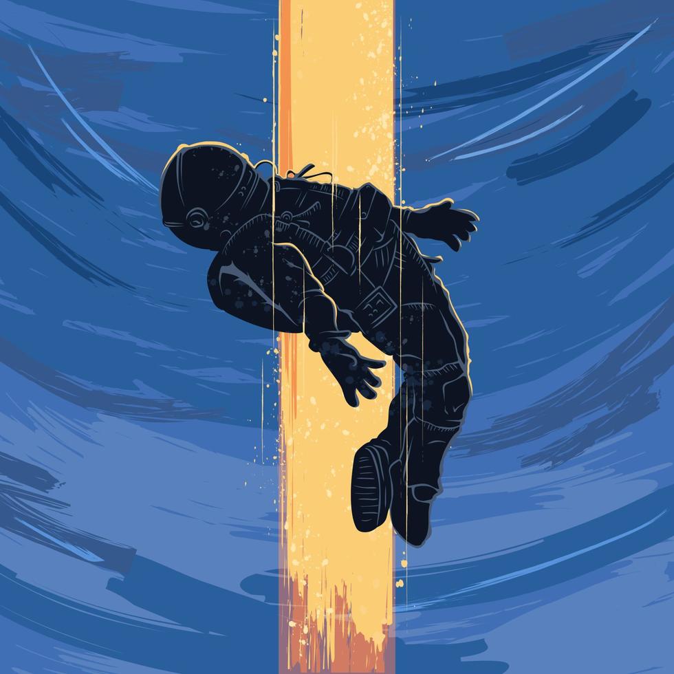 silhouette d'astronaute en chute dessinée à la main dans l'art glitch, cosmonaute en chute, astronaute avec lumière jaune vecteur