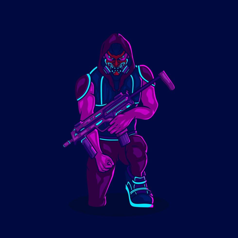 l'homme samouraï porte un style d'art cyberpunk d'arme à feu. conception de fiction colorée avec fond sombre. illustration vectorielle abstraite. vecteur