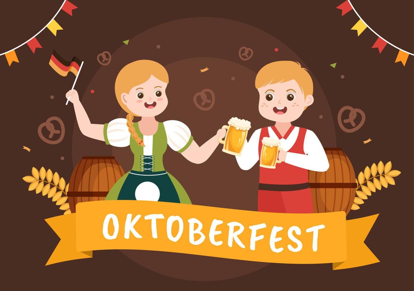 illustration de dessin animé du festival oktoberfest avec costume bavarois tenant un verre de bière tout en dansant en allemand traditionnel dans un style plat vecteur