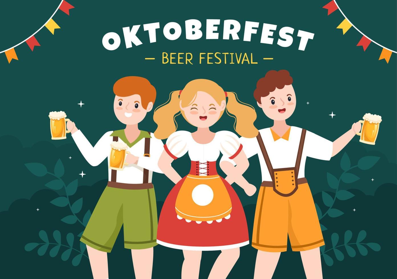 illustration de dessin animé du festival oktoberfest avec costume bavarois tenant un verre de bière tout en dansant en allemand traditionnel dans un style plat vecteur