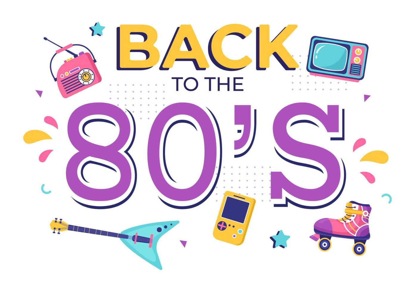 Illustration de fond de dessin animé de fête des années 80 avec musique rétro, lecteur de cassette radio 1980 et disco dans un style ancien vecteur